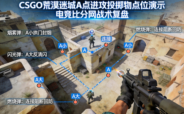 CSGO荒漠迷城A点进攻投掷物点位演示画面——电竞比分网战术复盘配图